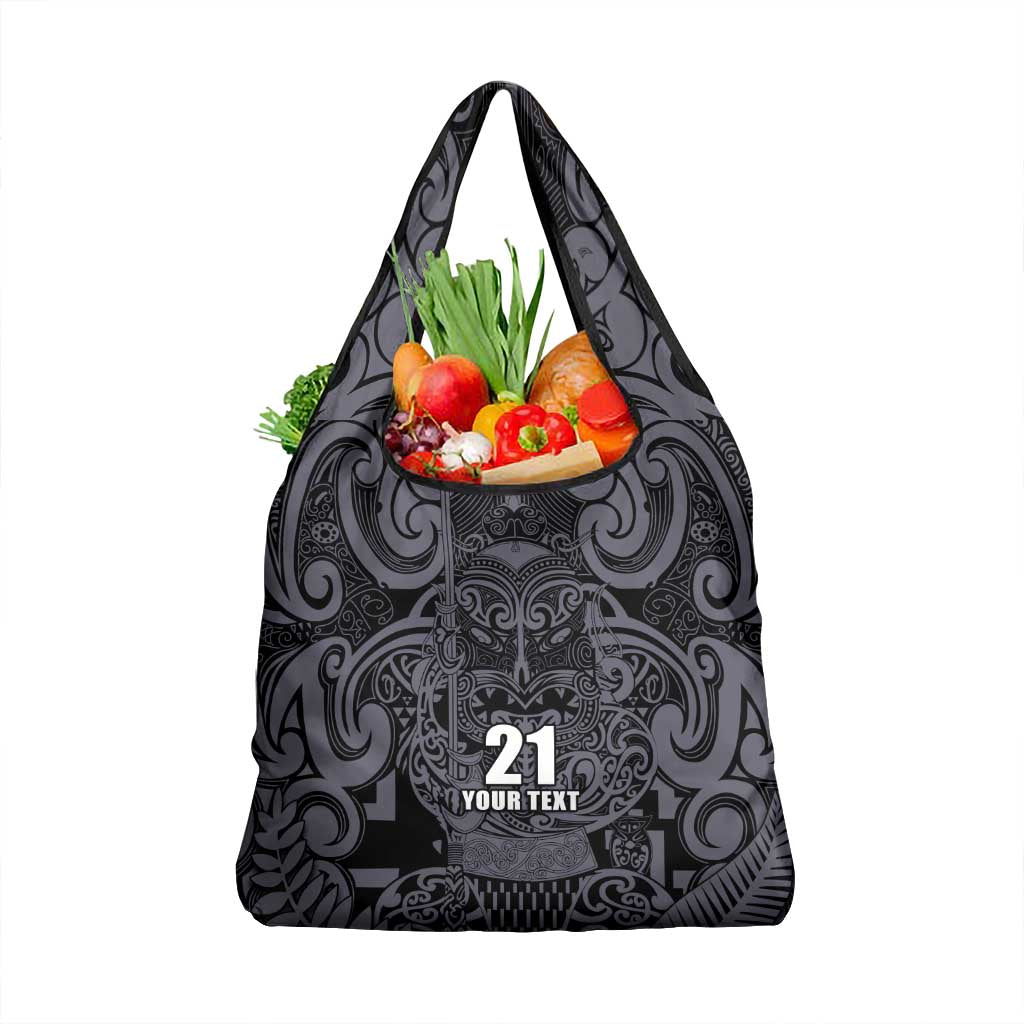 Custom New Zealand Taiaha Maori Grocery Bag Minimalist Silver Fern All Black - Aussie Hoodie