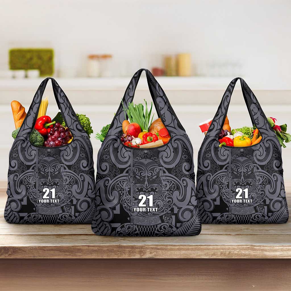 Custom New Zealand Taiaha Maori Grocery Bag Minimalist Silver Fern All Black - Aussie Hoodie