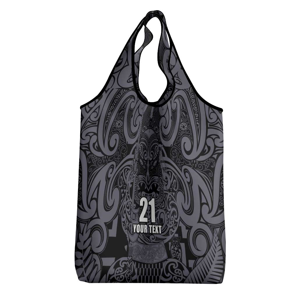 Custom New Zealand Taiaha Maori Grocery Bag Minimalist Silver Fern All Black - Aussie Hoodie