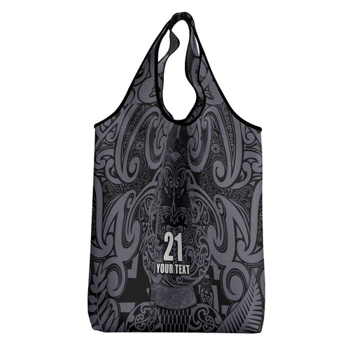 Custom New Zealand Taiaha Maori Grocery Bag Minimalist Silver Fern All Black - Aussie Hoodie