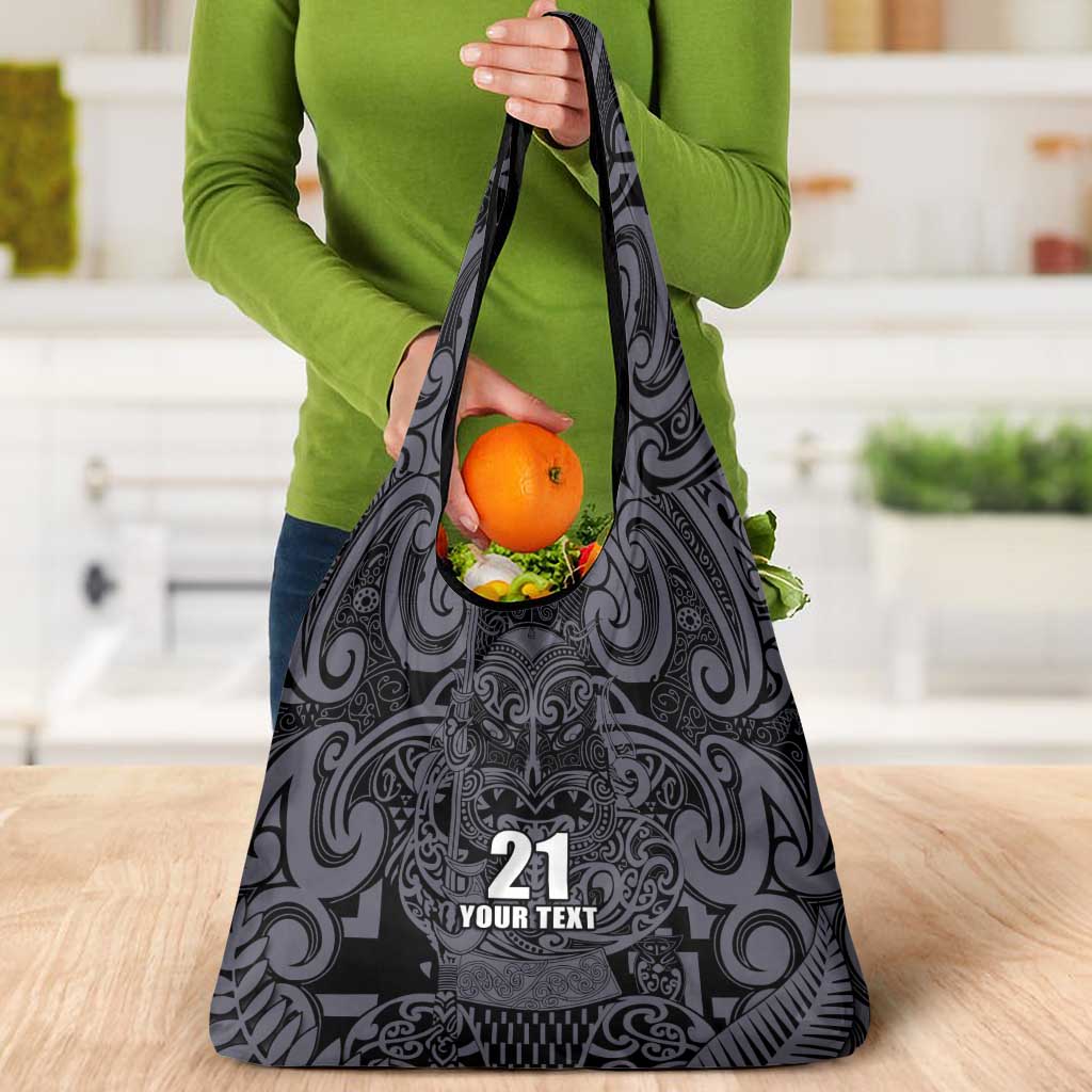 Custom New Zealand Taiaha Maori Grocery Bag Minimalist Silver Fern All Black - Aussie Hoodie