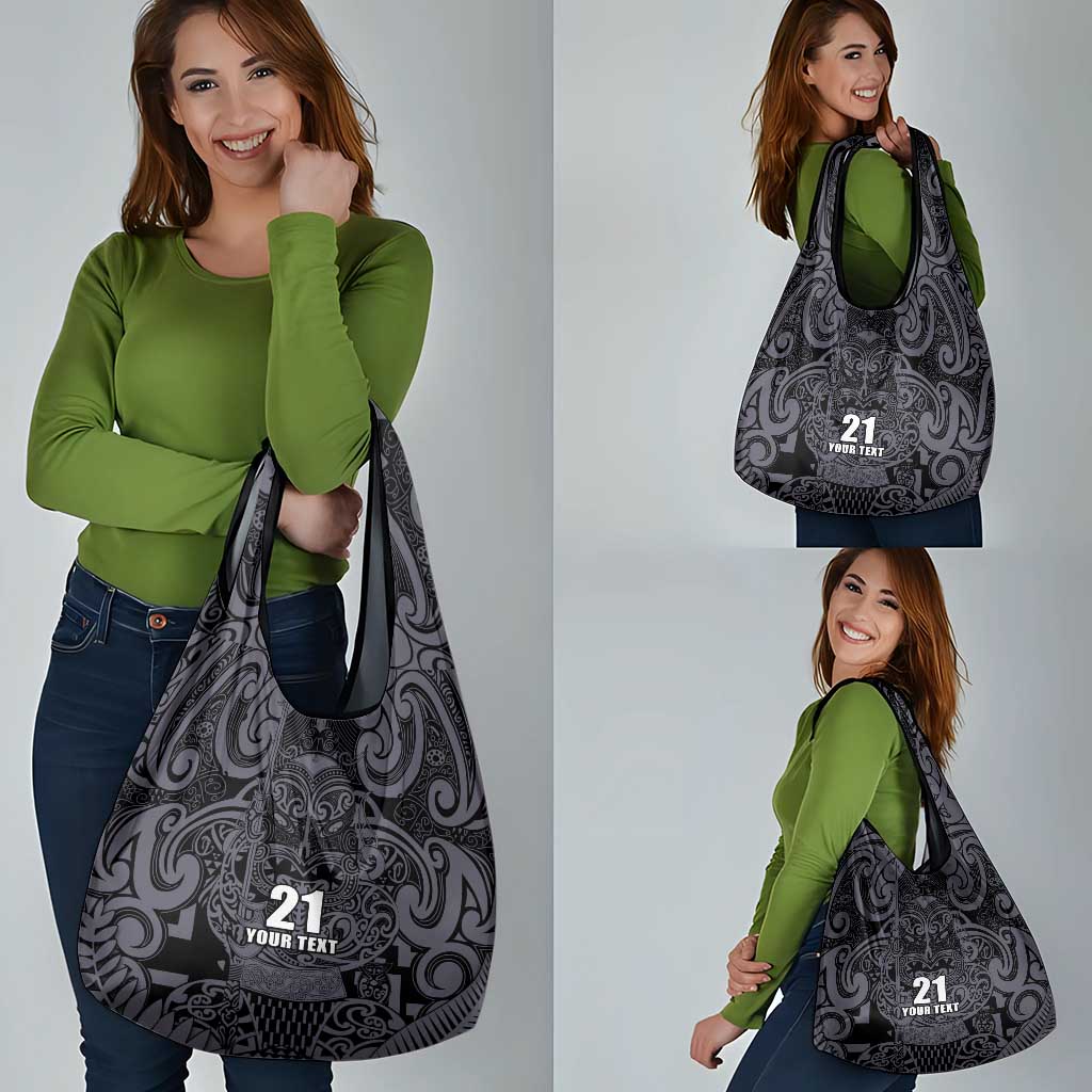 Custom New Zealand Taiaha Maori Grocery Bag Minimalist Silver Fern All Black - Aussie Hoodie