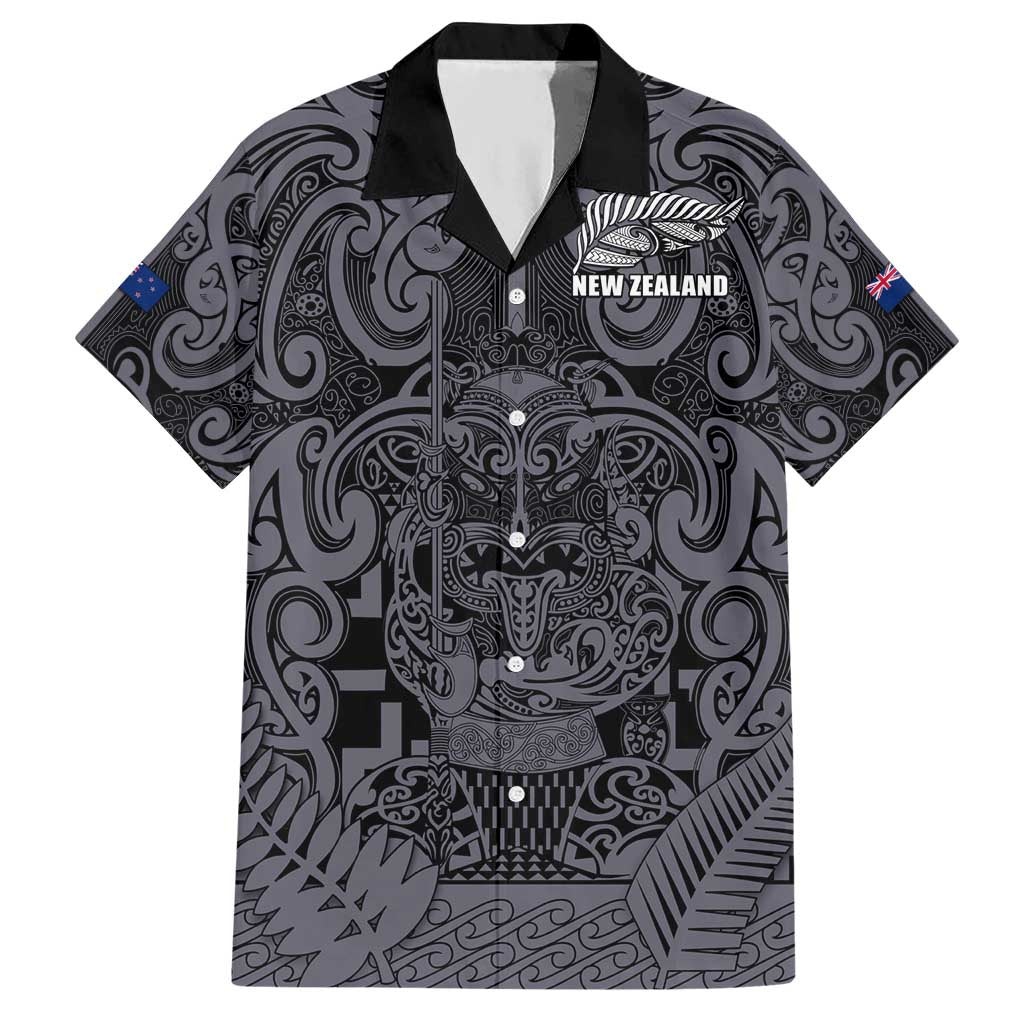 Custom New Zealand Taiaha Maori Hawaiian Shirt Minimalist Silver Fern All Black - Aussie Hoodie