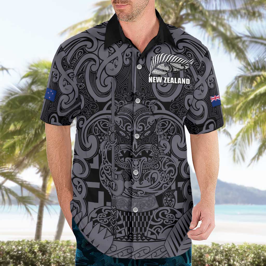 Custom New Zealand Taiaha Maori Hawaiian Shirt Minimalist Silver Fern All Black - Aussie Hoodie