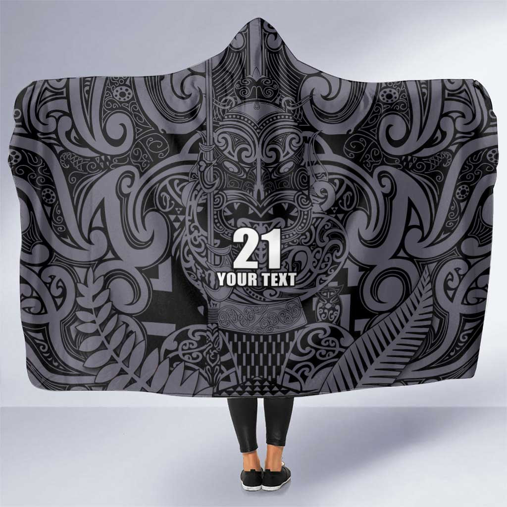 Custom New Zealand Taiaha Maori Hooded Blanket Minimalist Silver Fern All Black - Aussie Hoodie