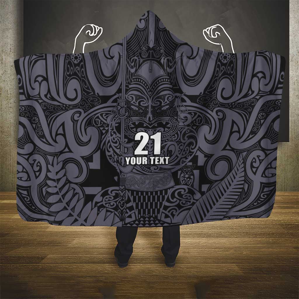 Custom New Zealand Taiaha Maori Hooded Blanket Minimalist Silver Fern All Black - Aussie Hoodie
