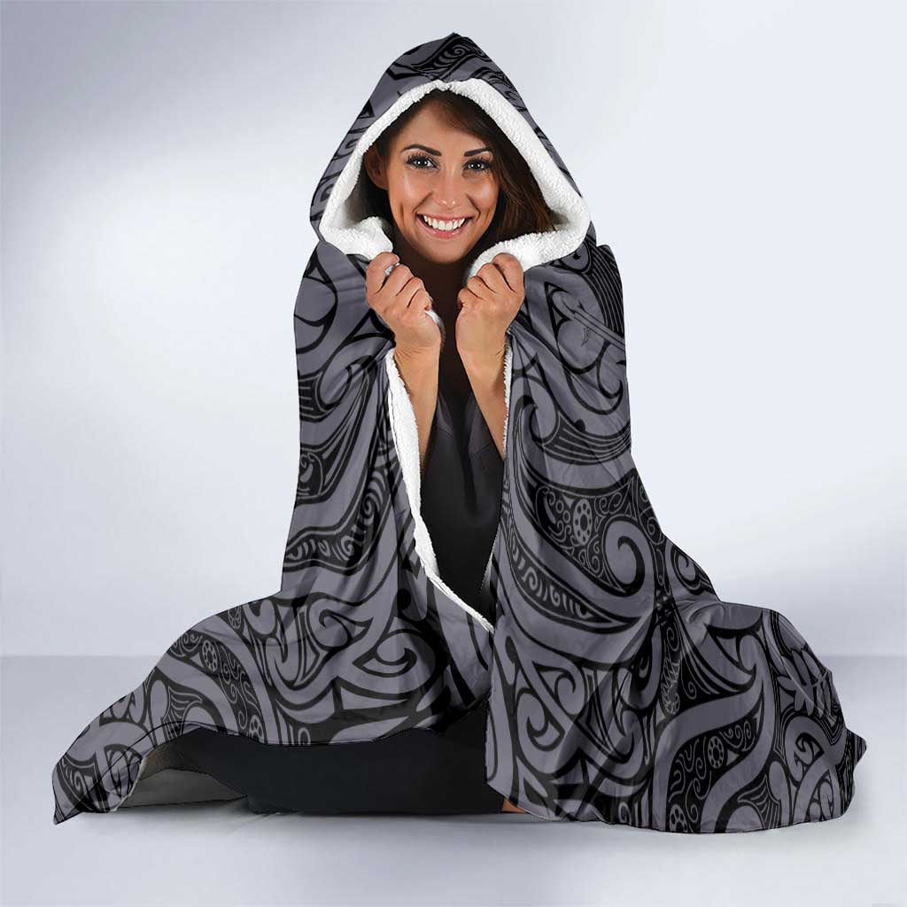 Custom New Zealand Taiaha Maori Hooded Blanket Minimalist Silver Fern All Black - Aussie Hoodie