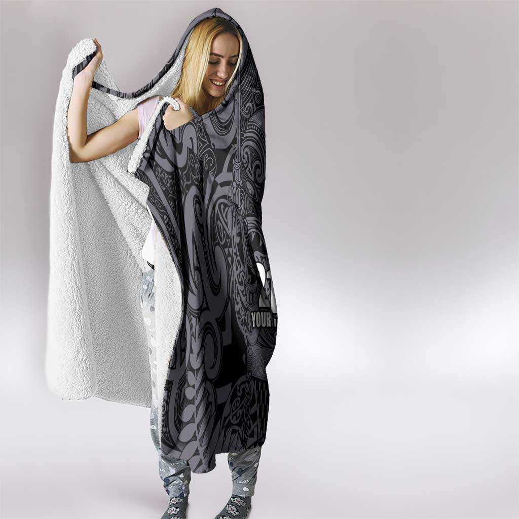 Custom New Zealand Taiaha Maori Hooded Blanket Minimalist Silver Fern All Black - Aussie Hoodie