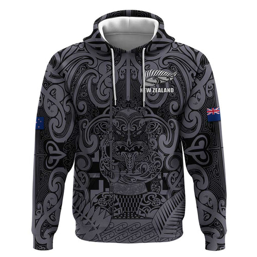 Custom New Zealand Taiaha Maori Hoodie Minimalist Silver Fern All Black - Aussie Hoodie