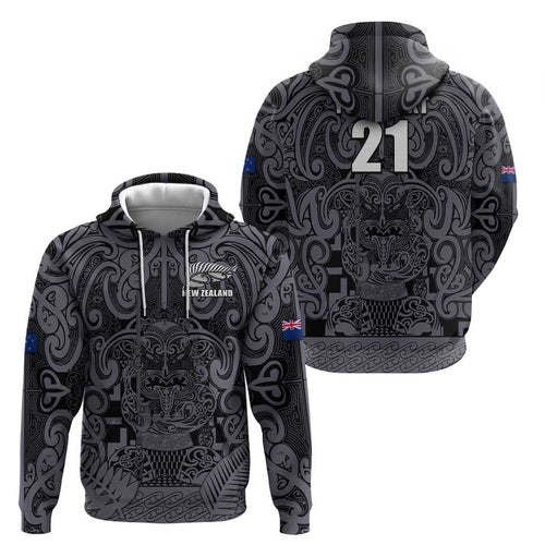 Custom New Zealand Taiaha Maori Hoodie Minimalist Silver Fern All Black - Aussie Hoodie