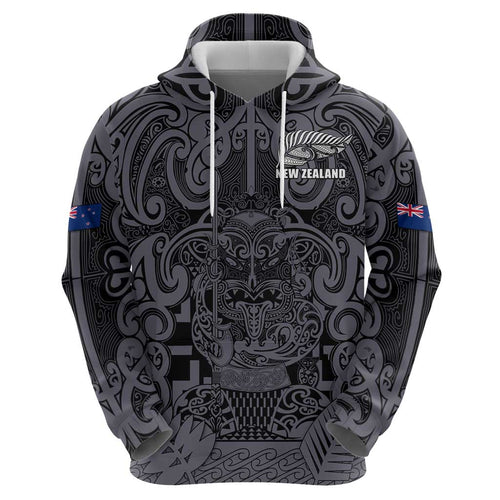 Custom New Zealand Taiaha Maori Hoodie Minimalist Silver Fern All Black - Aussie Hoodie