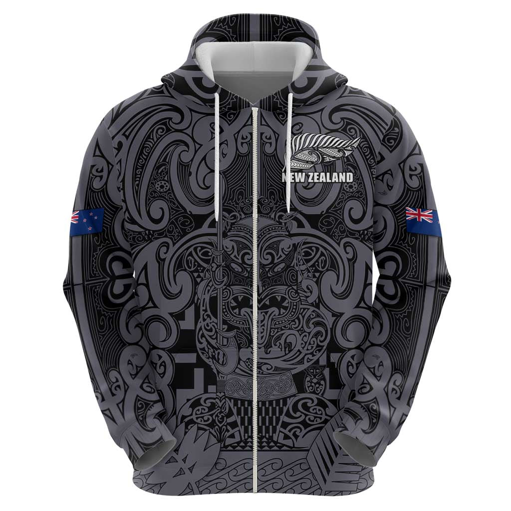 Custom New Zealand Taiaha Maori Hoodie Minimalist Silver Fern All Black - Aussie Hoodie