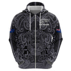 Custom New Zealand Taiaha Maori Hoodie Minimalist Silver Fern All Black - Aussie Hoodie