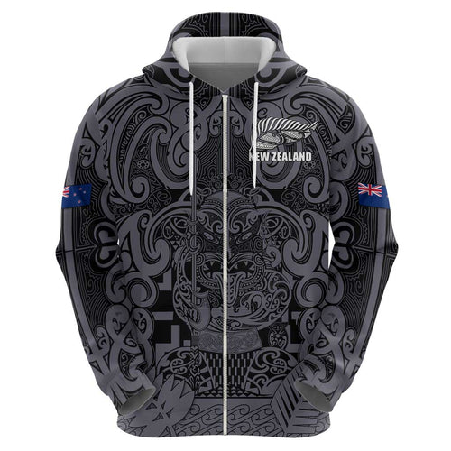 Custom New Zealand Taiaha Maori Hoodie Minimalist Silver Fern All Black - Aussie Hoodie