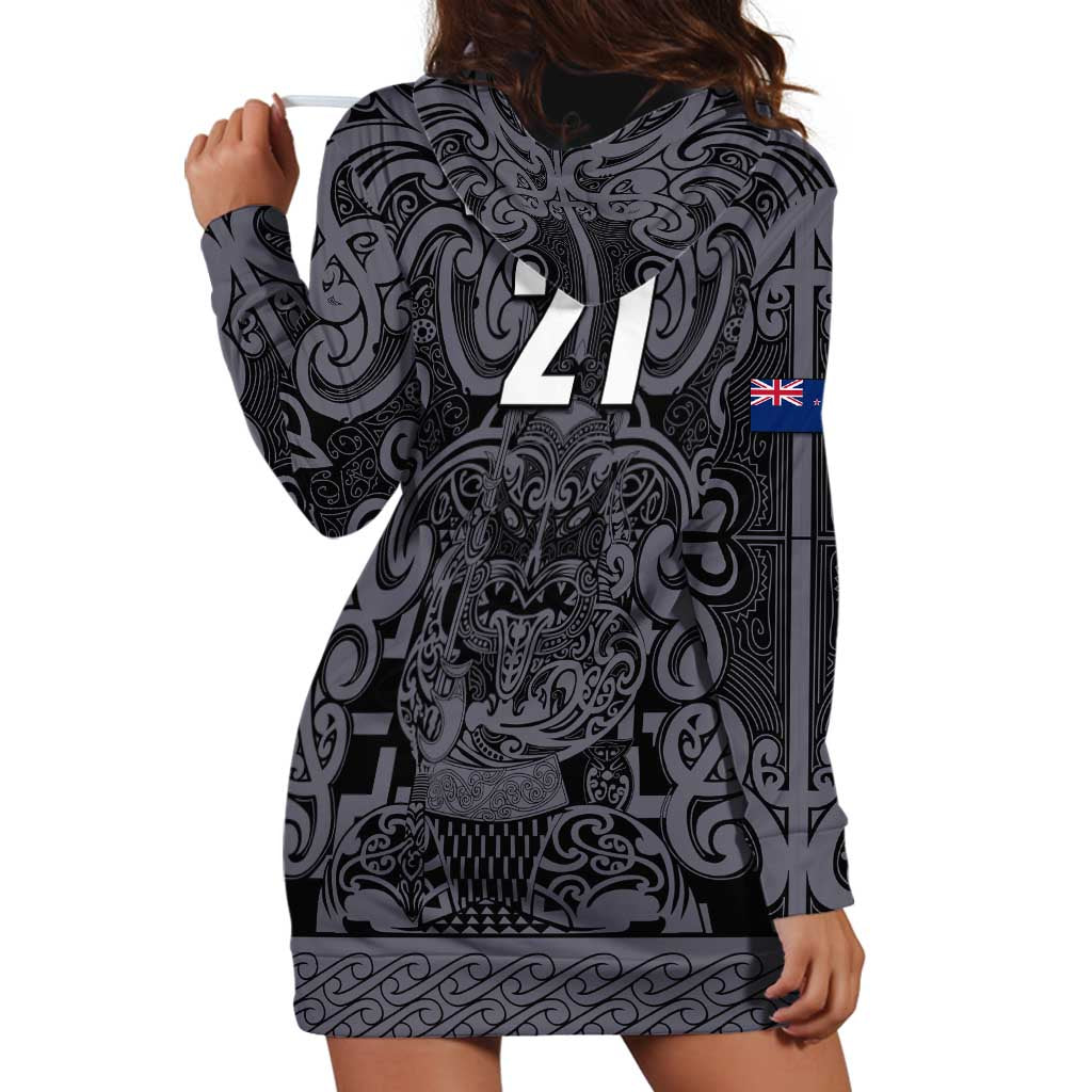 Custom New Zealand Taiaha Maori Hoodie Dress Minimalist Silver Fern All Black - Aussie Hoodie