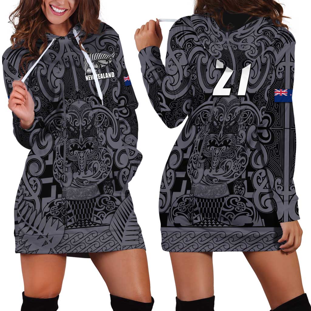 Custom New Zealand Taiaha Maori Hoodie Dress Minimalist Silver Fern All Black - Aussie Hoodie