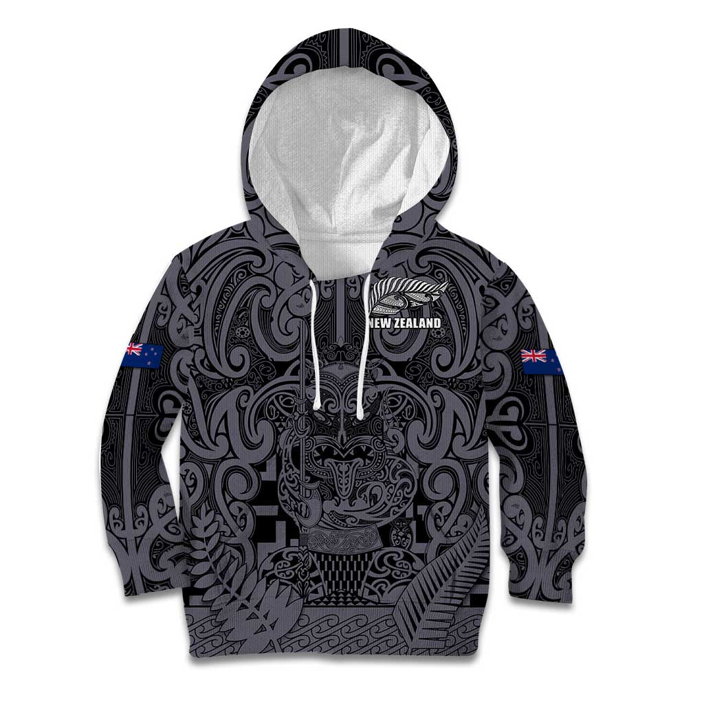 Custom New Zealand Taiaha Maori Kid Hoodie Minimalist Silver Fern All Black - Aussie Hoodie