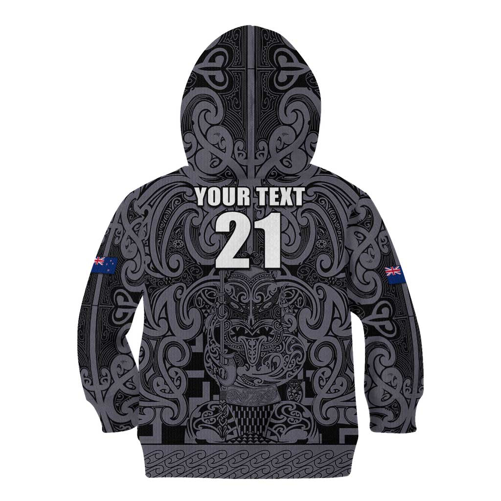 Custom New Zealand Taiaha Maori Kid Hoodie Minimalist Silver Fern All Black - Aussie Hoodie