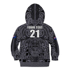 Custom New Zealand Taiaha Maori Kid Hoodie Minimalist Silver Fern All Black - Aussie Hoodie