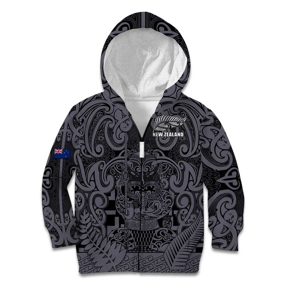 Custom New Zealand Taiaha Maori Kid Hoodie Minimalist Silver Fern All Black - Aussie Hoodie