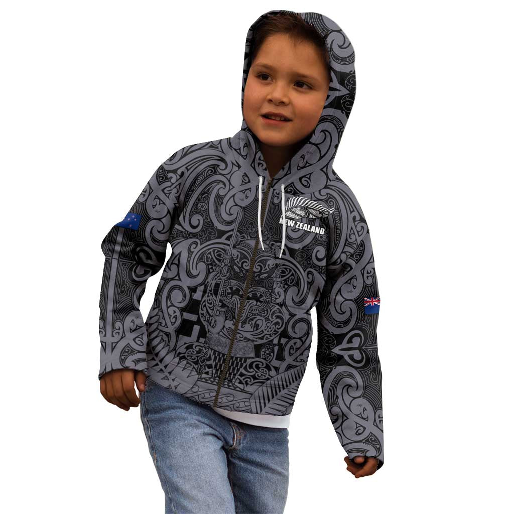 Custom New Zealand Taiaha Maori Kid Hoodie Minimalist Silver Fern All Black - Aussie Hoodie