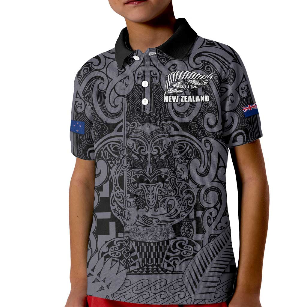 Custom New Zealand Taiaha Maori Kid Polo Shirt Minimalist Silver Fern All Black - Aussie Hoodie