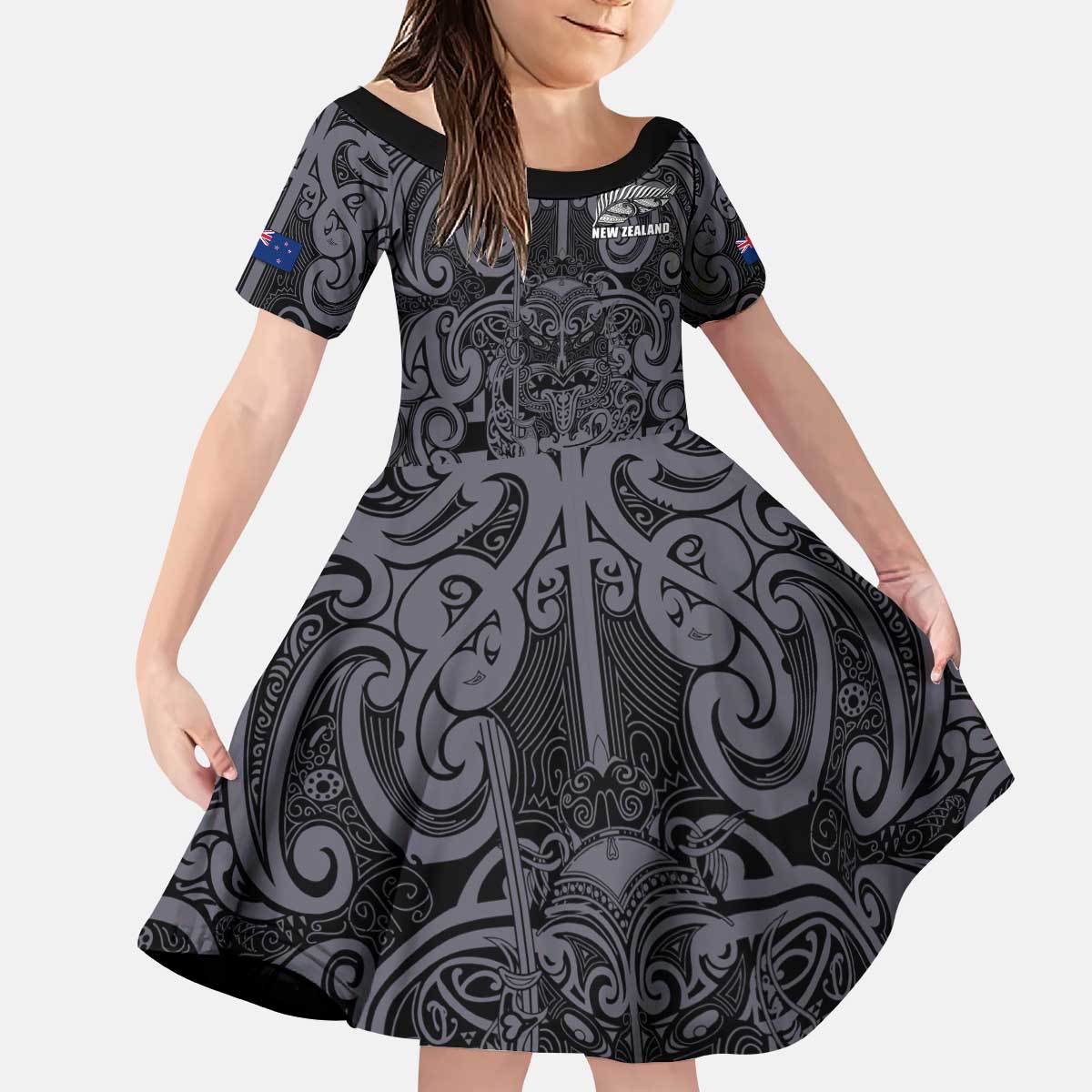 Custom New Zealand Taiaha Maori Kid Short Sleeve Dress Minimalist Silver Fern All Black - Aussie Hoodie