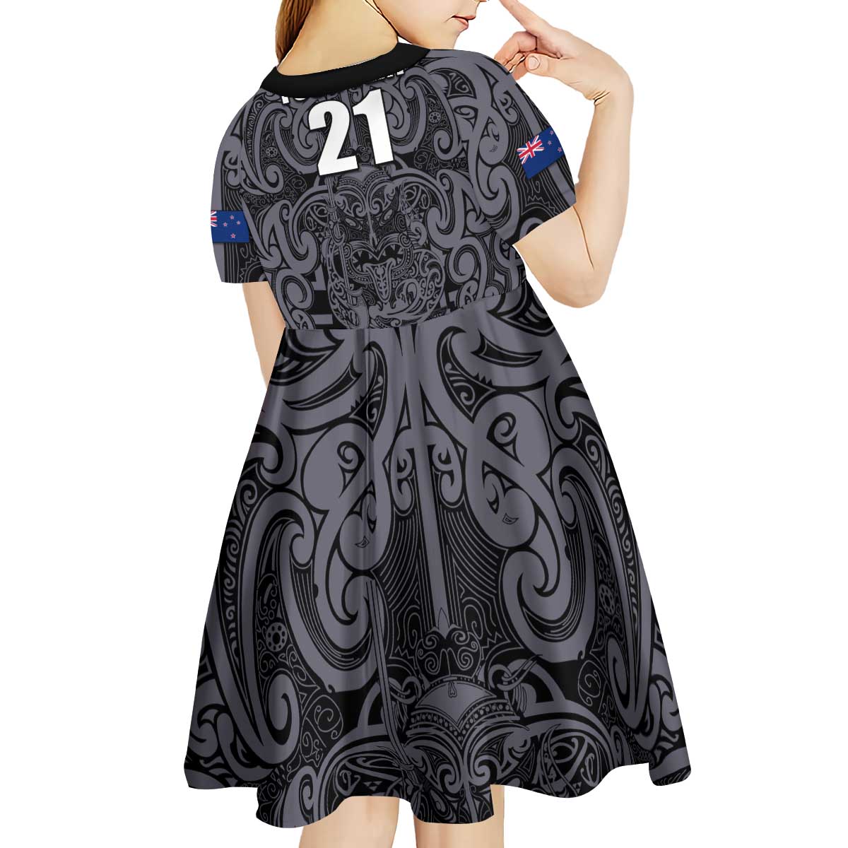 Custom New Zealand Taiaha Maori Kid Short Sleeve Dress Minimalist Silver Fern All Black - Aussie Hoodie