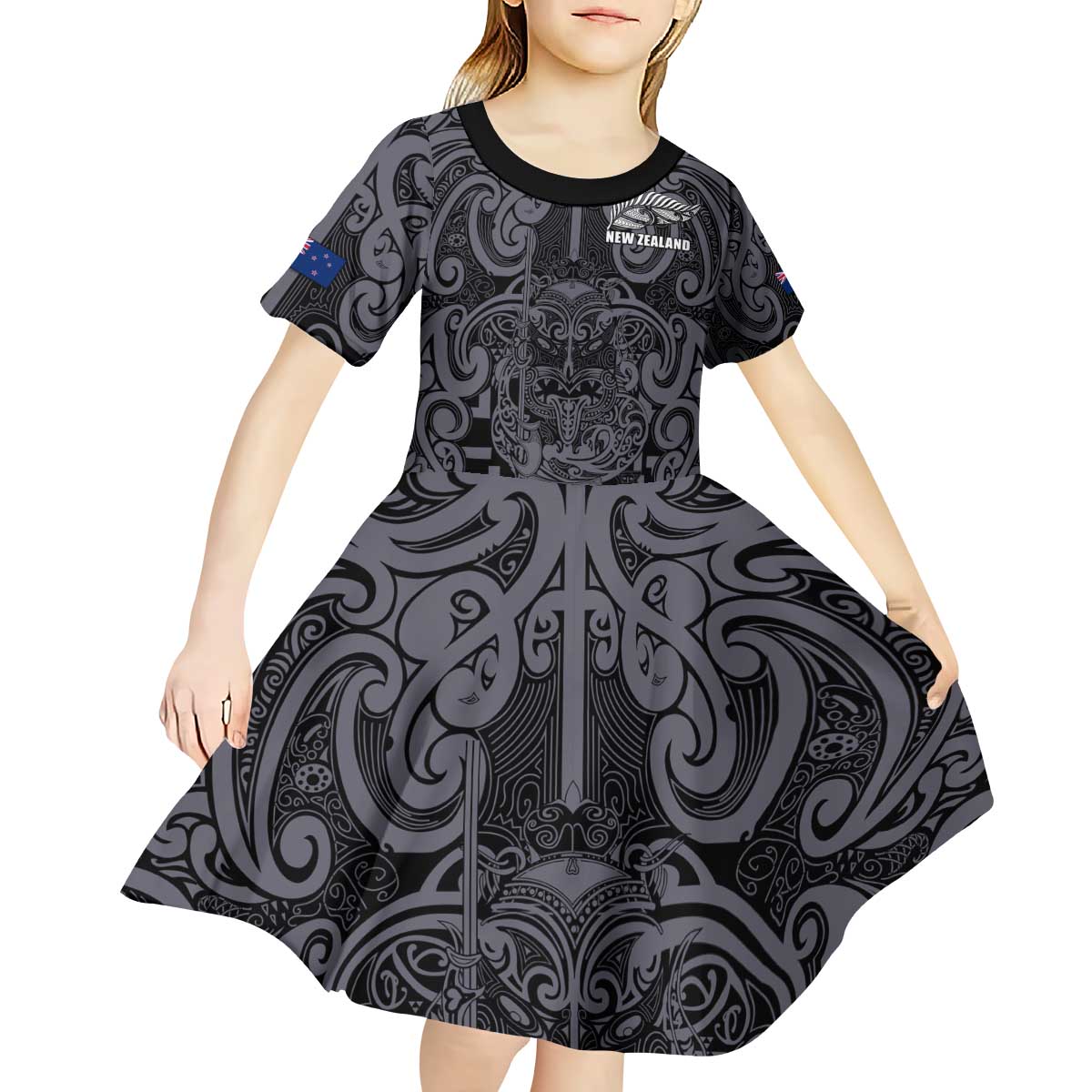 Custom New Zealand Taiaha Maori Kid Short Sleeve Dress Minimalist Silver Fern All Black - Aussie Hoodie