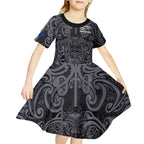 Custom New Zealand Taiaha Maori Kid Short Sleeve Dress Minimalist Silver Fern All Black - Aussie Hoodie