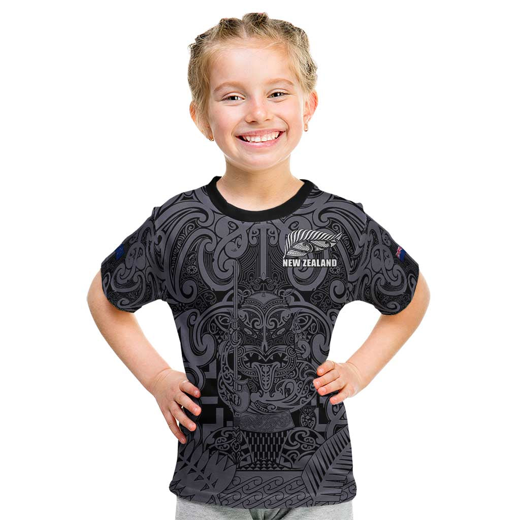 Custom New Zealand Taiaha Maori Kid T Shirt Minimalist Silver Fern All Black - Aussie Hoodie