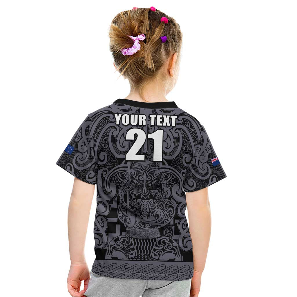 Custom New Zealand Taiaha Maori Kid T Shirt Minimalist Silver Fern All Black - Aussie Hoodie
