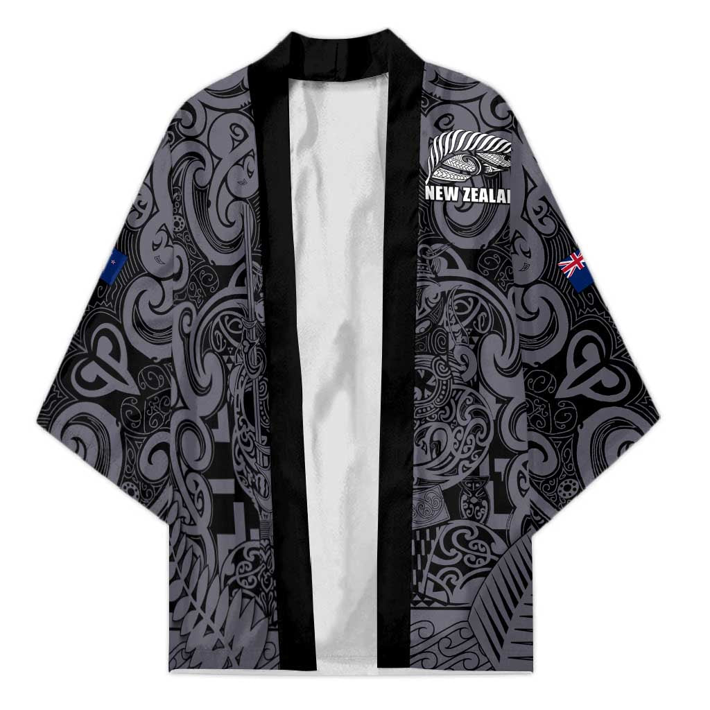Custom New Zealand Taiaha Maori Kimono Minimalist Silver Fern All Black - Aussie Hoodie