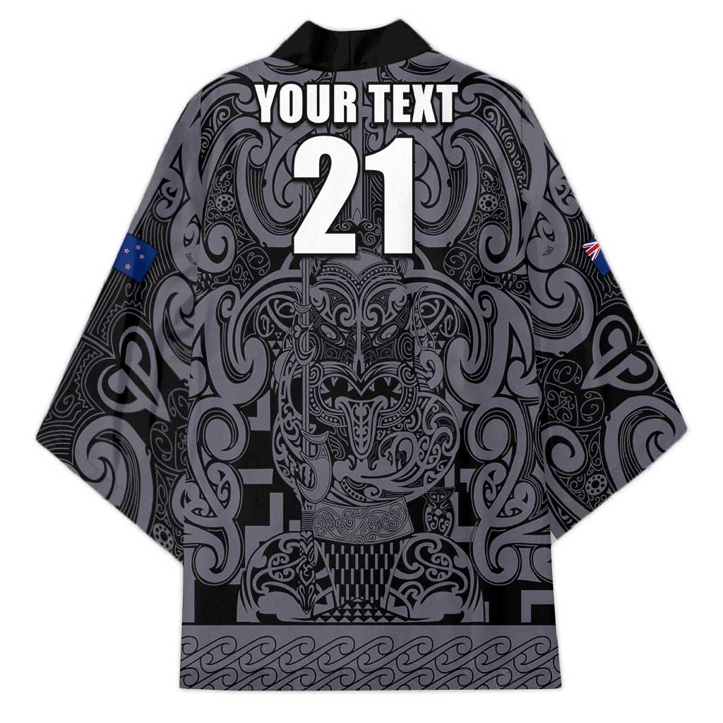 Custom New Zealand Taiaha Maori Kimono Minimalist Silver Fern All Black - Aussie Hoodie