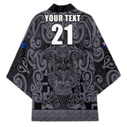 Custom New Zealand Taiaha Maori Kimono Minimalist Silver Fern All Black - Aussie Hoodie