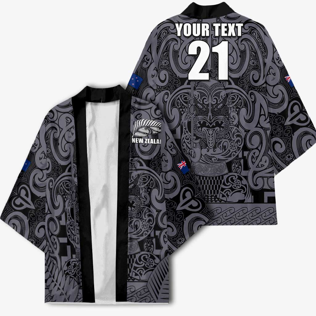 Custom New Zealand Taiaha Maori Kimono Minimalist Silver Fern All Black - Aussie Hoodie