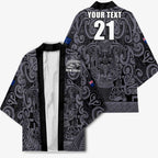 Custom New Zealand Taiaha Maori Kimono Minimalist Silver Fern All Black - Aussie Hoodie