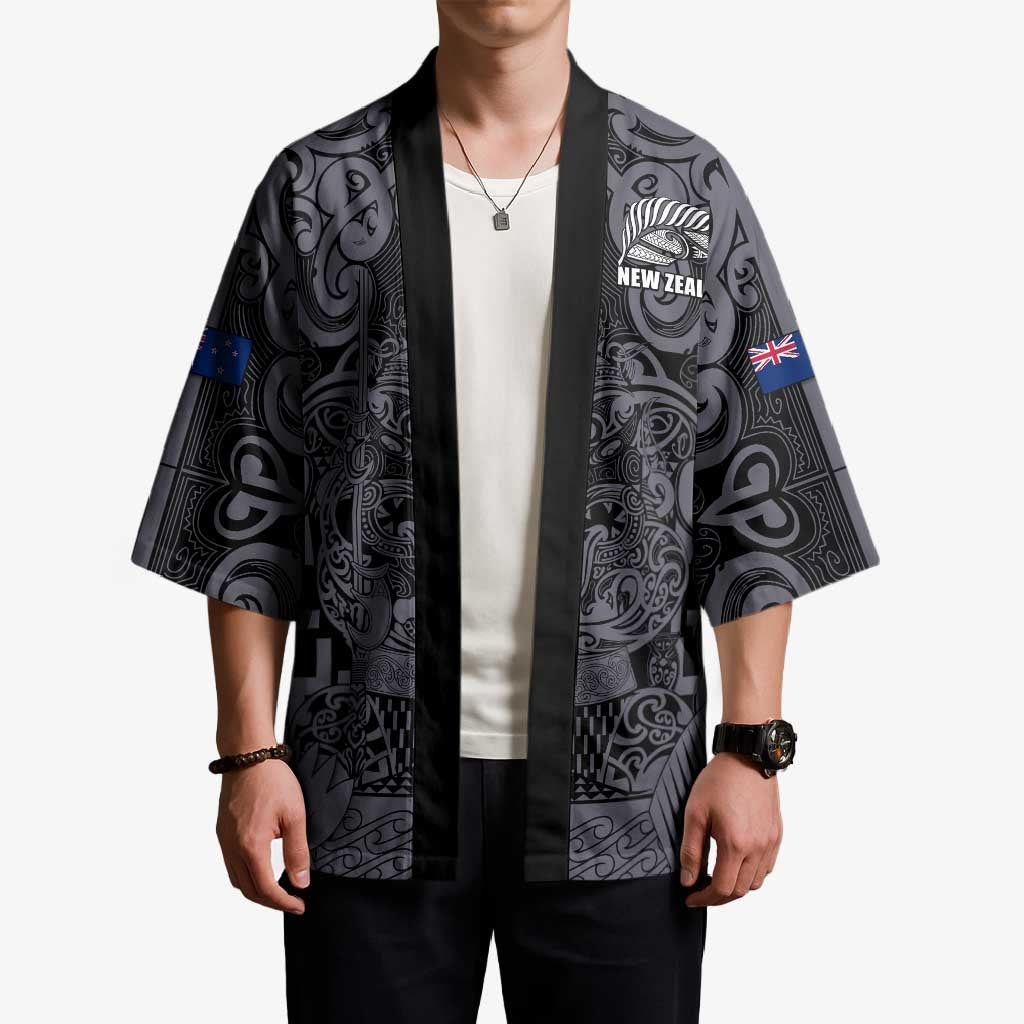 Custom New Zealand Taiaha Maori Kimono Minimalist Silver Fern All Black - Aussie Hoodie