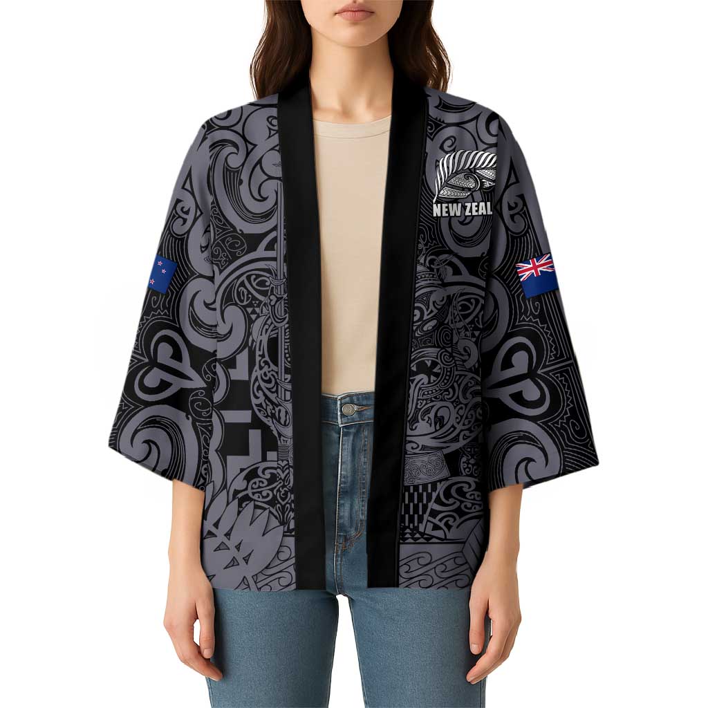Custom New Zealand Taiaha Maori Kimono Minimalist Silver Fern All Black - Aussie Hoodie