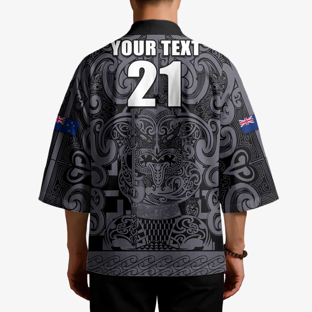 Custom New Zealand Taiaha Maori Kimono Minimalist Silver Fern All Black - Aussie Hoodie