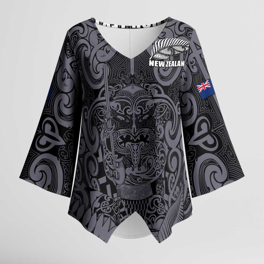 Custom New Zealand Taiaha Maori Kimono Sleeve Blouse Minimalist Silver Fern All Black - Aussie Hoodie