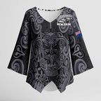 Custom New Zealand Taiaha Maori Kimono Sleeve Blouse Minimalist Silver Fern All Black - Aussie Hoodie