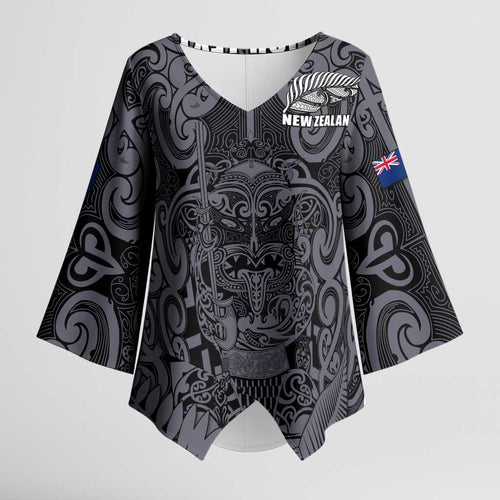 Custom New Zealand Taiaha Maori Kimono Sleeve Blouse Minimalist Silver Fern All Black - Aussie Hoodie