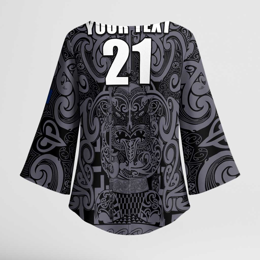 Custom New Zealand Taiaha Maori Kimono Sleeve Blouse Minimalist Silver Fern All Black - Aussie Hoodie