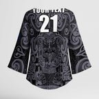 Custom New Zealand Taiaha Maori Kimono Sleeve Blouse Minimalist Silver Fern All Black - Aussie Hoodie