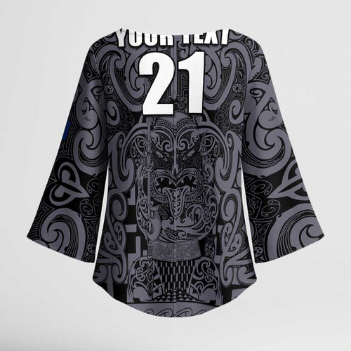 Custom New Zealand Taiaha Maori Kimono Sleeve Blouse Minimalist Silver Fern All Black - Aussie Hoodie