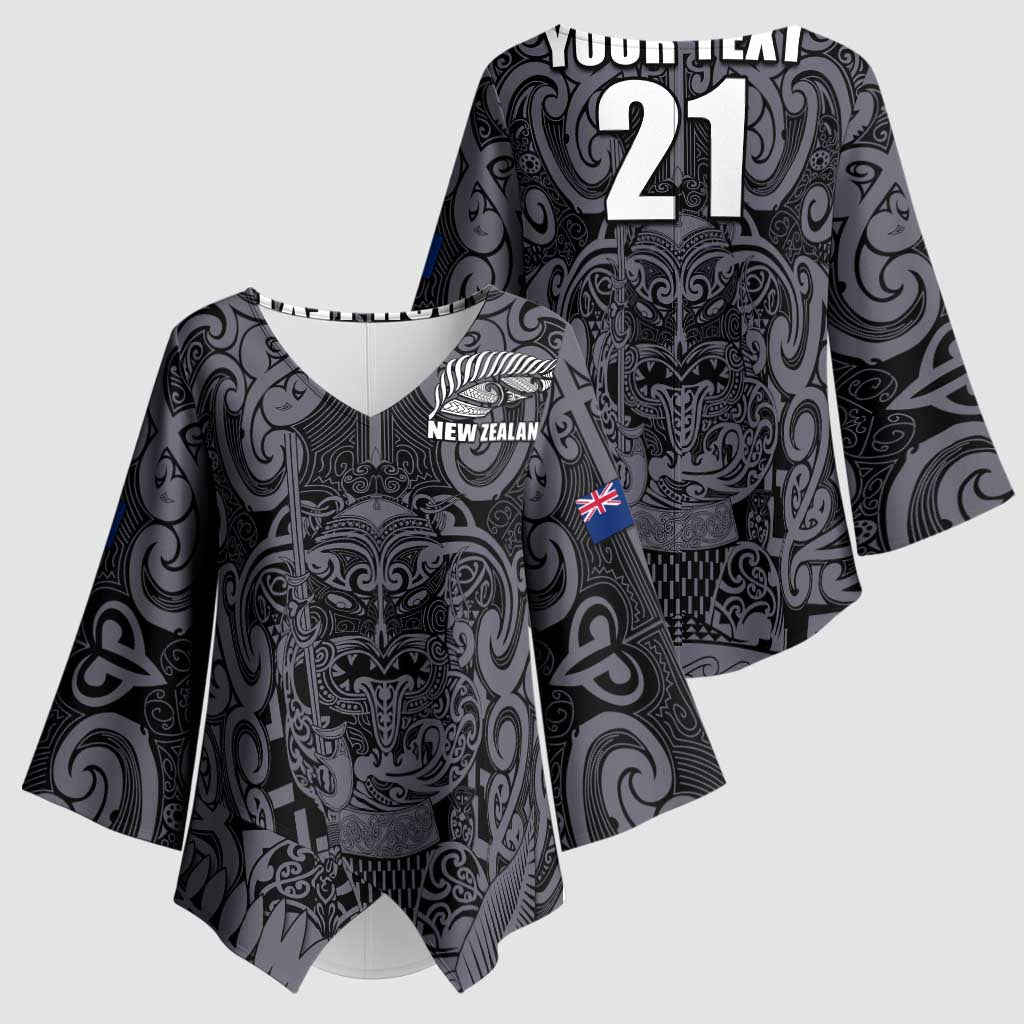 Custom New Zealand Taiaha Maori Kimono Sleeve Blouse Minimalist Silver Fern All Black - Aussie Hoodie