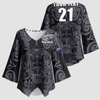 Custom New Zealand Taiaha Maori Kimono Sleeve Blouse Minimalist Silver Fern All Black - Aussie Hoodie