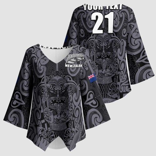 Custom New Zealand Taiaha Maori Kimono Sleeve Blouse Minimalist Silver Fern All Black - Aussie Hoodie