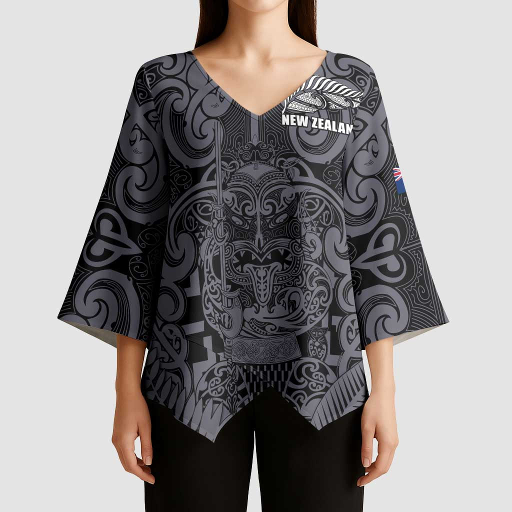 Custom New Zealand Taiaha Maori Kimono Sleeve Blouse Minimalist Silver Fern All Black - Aussie Hoodie